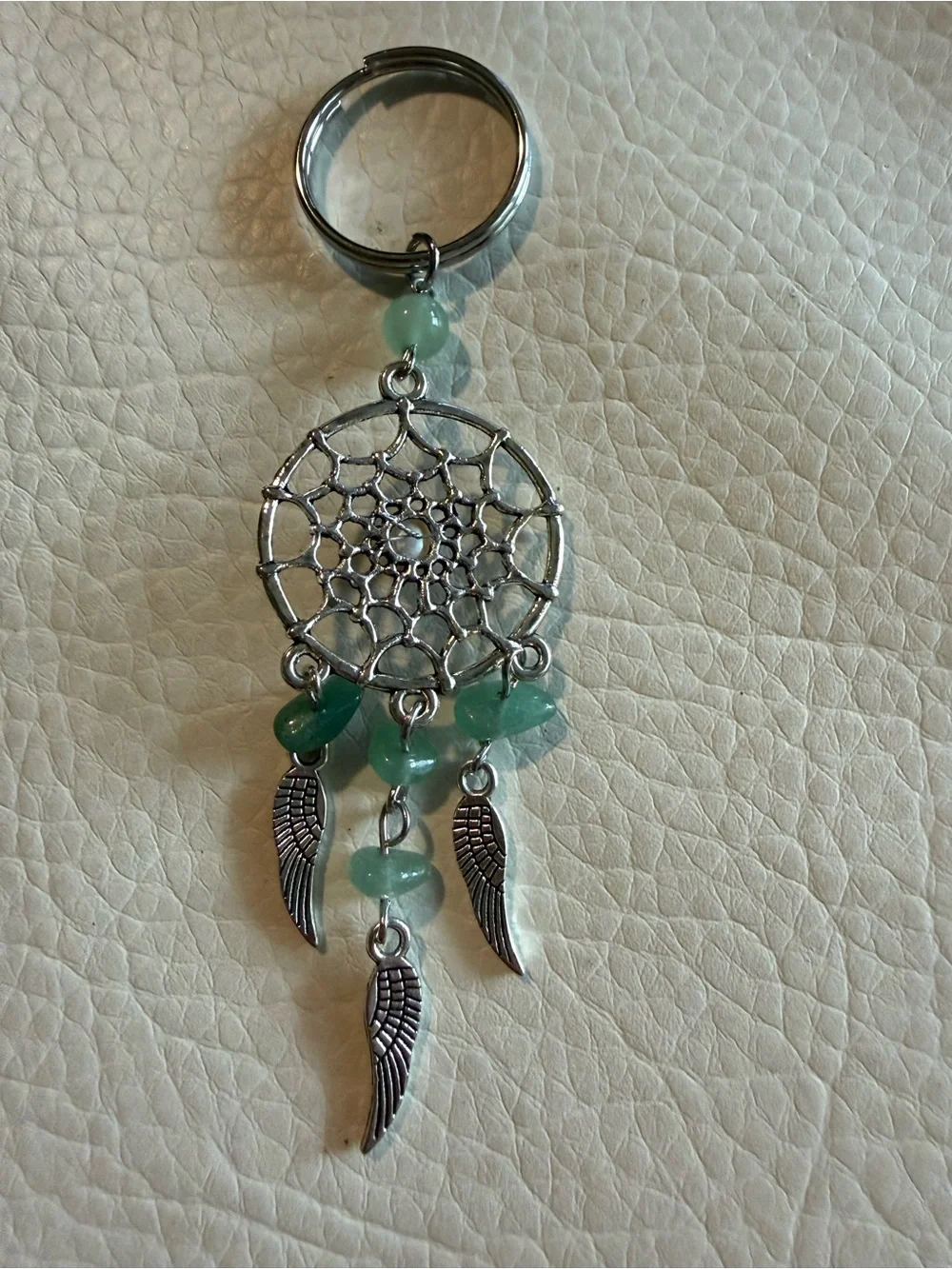 Silver Dreamcatcher Keychain with Green Beads